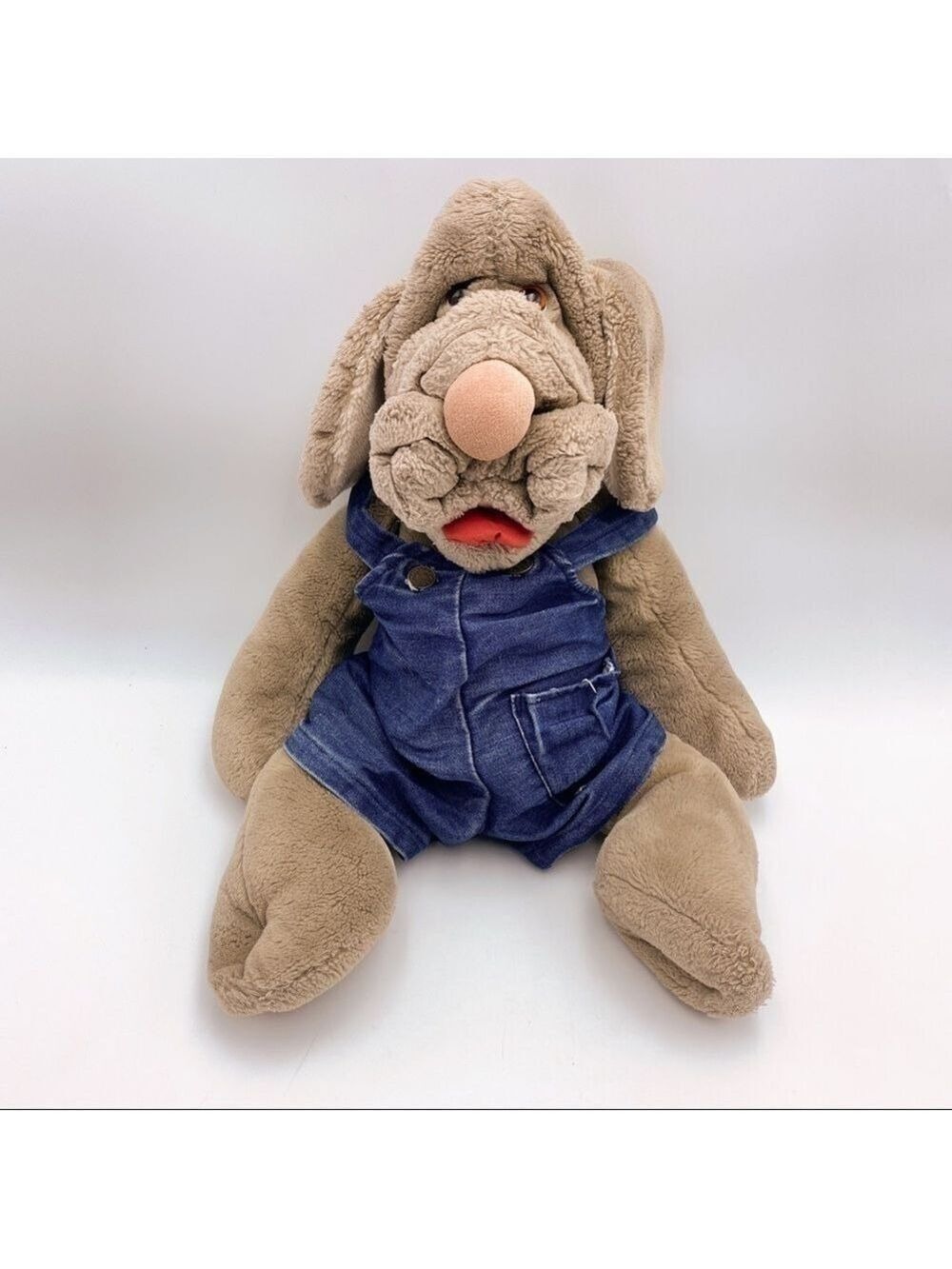 1981 Wrinkles Dog Plush Hand Puppet Vintage Ganzbros Overalls Stuffed
